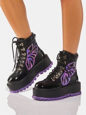 Dolls Kill Black Lace-Up Platform Boot with Iridescent Purple
